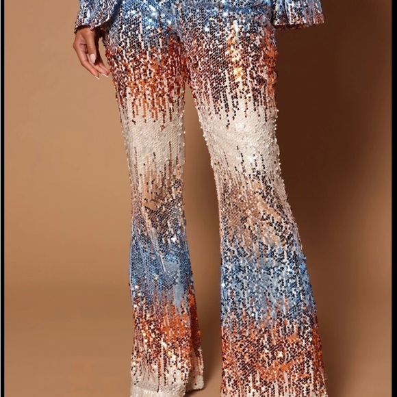Fashion Nova Sequin Flare Pants Gold Blue White Size M New With Tags Party Glam - Picture 2 of 9